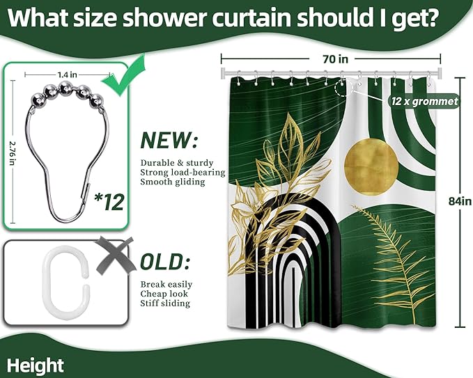 Olive Green and Gold Shower Curtain Boho Mid Century Modern Hunter Green Shower Curtains for Bathroom Decor Sets, Waterproof Cloth Fabric with Hooks 70x84in