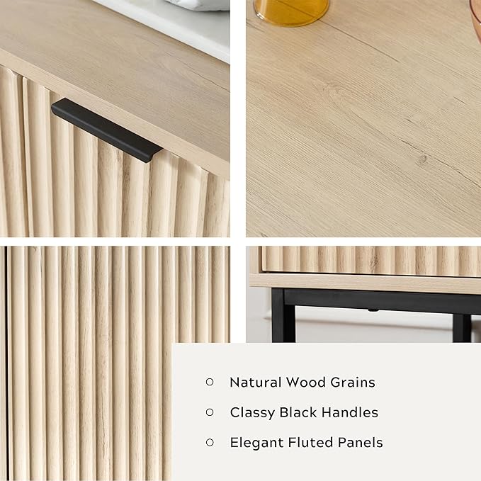 Fluted Storage Cabinet with 4 Doors, 55" Large Sideboard Buffet Cabinet with Adjustable Shelves Kitchen Wooden Credenza Coffee Bar Console Table for Dining Room Living Room, Light Oak
