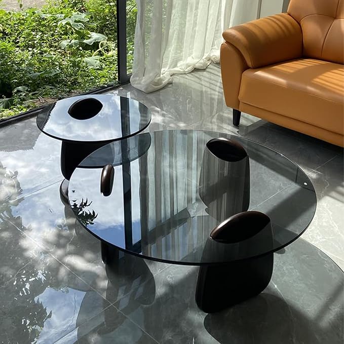 EASYSOUL Modern Round Coffee Table with Glass Top, 27.56" D x 27.56" W x 14.69" H, Circular Tea Tables for Living Room Home Office Industrial Cocktail Tables (Black-Grey Glass/27.56")
