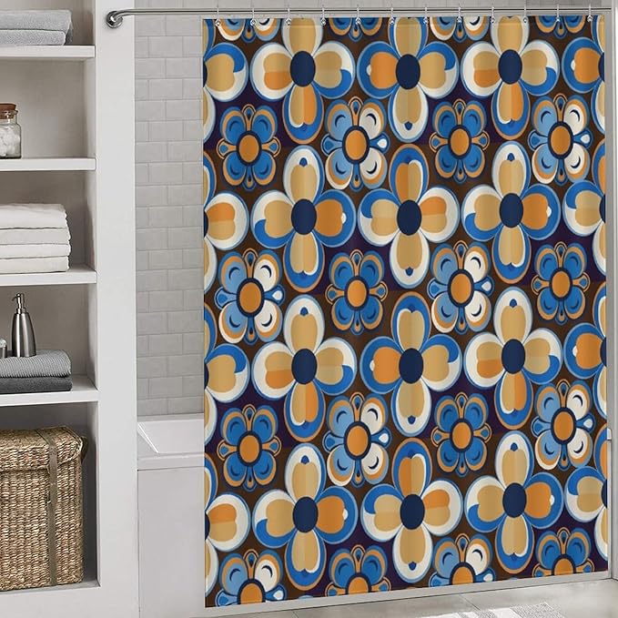 Bohemia Royal Blue Flowers Shower Curtain Mid Century Funky Retro Hippie 60s 70s Aesthetic Washable Waterproof Fabric for Bathroom Decor Bathtub with 12 Hooks 66x72in（168x183cm）