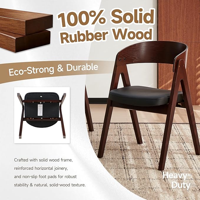 Howtek 47″ Round Dining Table Set for 4-6 People, 5 Piece Modern Kitchen Table with Natural Walnut Wood Grain Finish & 4 PU Leather Upholstered Dining Chairs（Curved Backrest & Solid Wood Legs ）