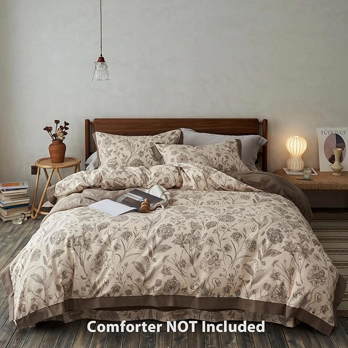Brown Floral 100% Cotton Duvet Cover King Size, 3 Pieces Reversible Vintage Duvet Cover Set - 1 Botanical Patterned Duvet Cover 104x90 Inches with Zipper Closure, 2 Pillowcases