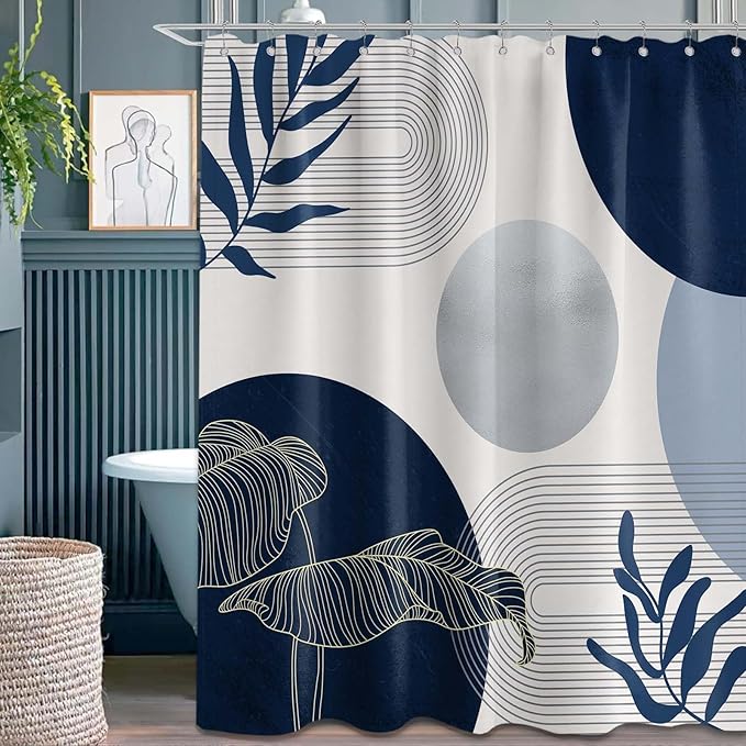 Navy Blue and White Shower Curtain Mid Century Modern Dark Blue Boho Shower Curtains for Bathroom Decor MCM Mens Cool Bath Curtain Set, Waterproof Fabric with Hooks 70 x 72 Inch