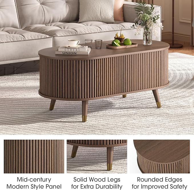 42.5" Oval Lift Top Coffee Table with Storage, Mid Century Modern Walnut Center Table with Fluted Design, Solid Wood Legs & Hidden Compartment, Pop Up Cocktail Table for Living Room