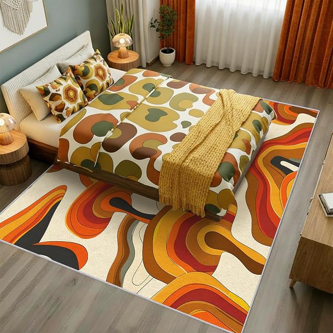 70s Retro Rug 5x8 Psychedelic Funky 1970s Abstract Pattern Area Rugs for Living Room, Bedroom, 70s Retro Home Decor Accessories Indoor Carpet, Non Slip & Machine Washable, GD0337