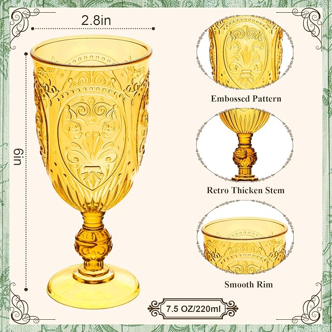 Plastic Wine Glasses 48Pcs Plastic Goblets 7.5oz Colored Retro Embossed Glassware Vintage Stemmed Drinking Cup Reusable Water Goblets for Wedding Reception Grand Event Party Bar,Whiskey (Amber)