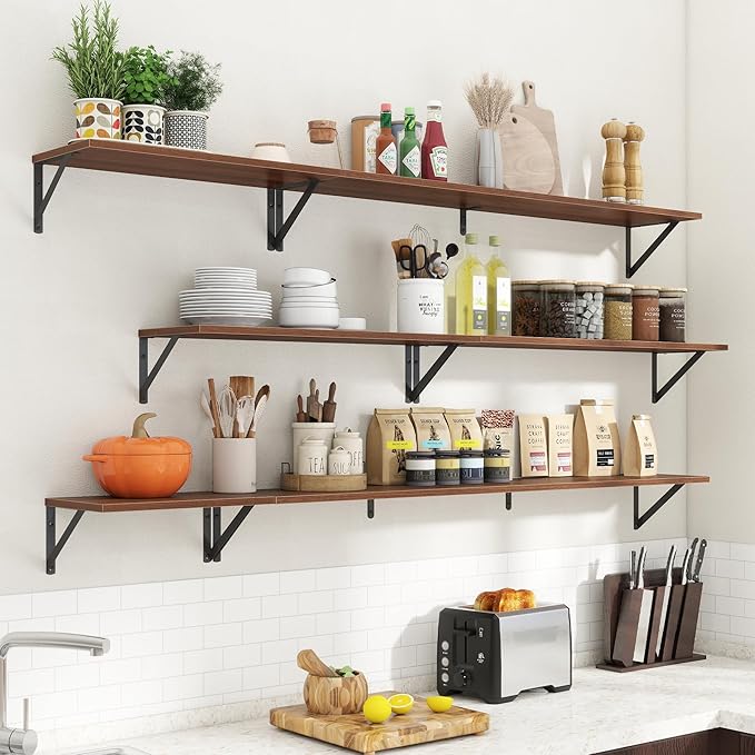 55" Long Wall Mounted Floating Shelves,8 inch Deep Floating Shelf with Metal Brackets Set of 2,Easy-to-Install Wall Decor Storage Ledges for Living Room,Bathroom,Bedroom,Kitchen,Office,Walnut