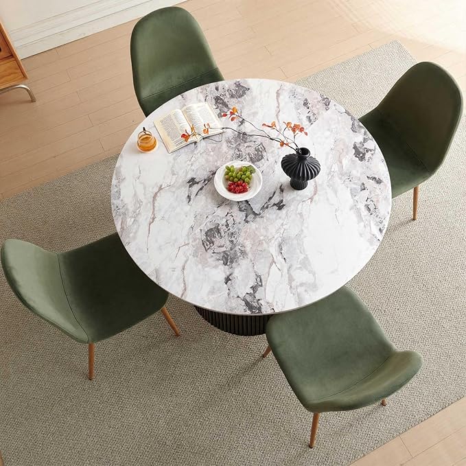 Dining Table Set for 4, Mid Century Modern 47 Inch White Marble-Look Wooden Round Dining Table Set, Space Saving (Table + 4 Green Chairs)