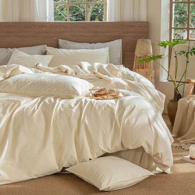 MooMee Wavy Striped Duvet Cover Set 100% Washed Cotton Linen Like Textured Breathable Durable Soft Comfy (Cream White, Alaska King 132"x120")