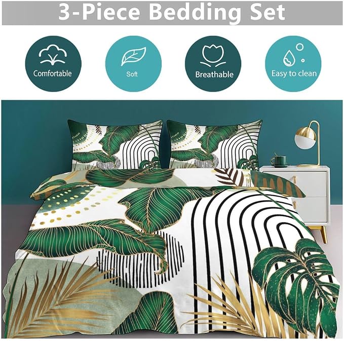 Boho Bedding Set,Modern Abstract Tropical Monstera Palm Leaf Plant Minimalist Spring Summer Bohemian Mid Century Comforter Set with Pillowcase for Bedroom Bed Decor,King 102"x90"