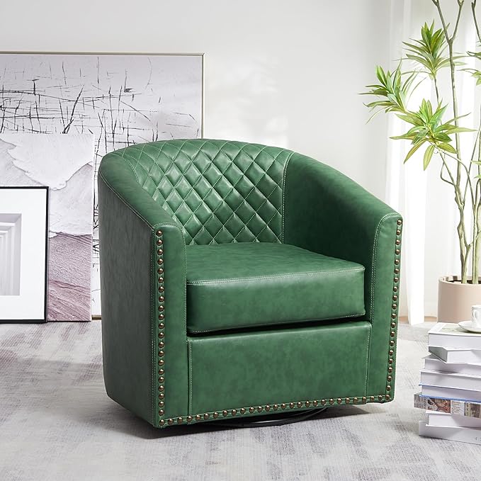 KINWELL 29" Wide Tufted Faux Leather Swivel Barrel Chair, PU Leather Modern Upholstered Accent Chairs with Nailhead Trim, Small Armchair for Living Room Bedroom, Green