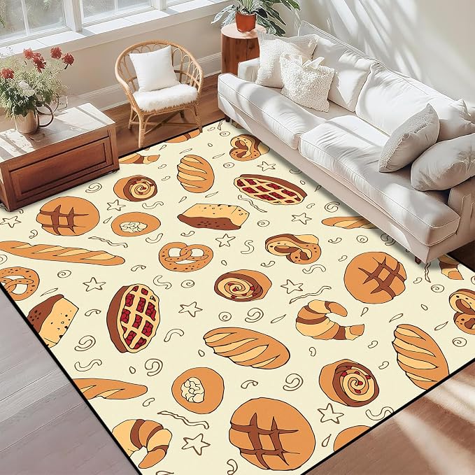 Cute Bread Area Rug 3D Cattoon Carpt Waffle Croissant and Muffin Rugs for Bedroom Living Room Kitchen Nursery Playroom Home Decor Washable Non Slip Floor Mat,6'x9'