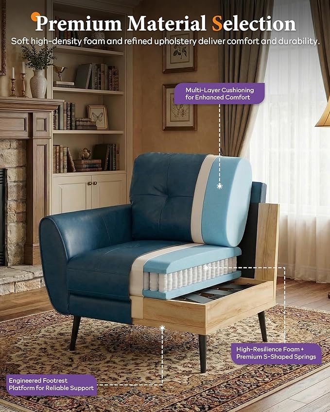 TYBOATLE Accent Chair, Comfy Modern Living Room Blue Leather Reading Accent Chairs Tufted Mid Century Arm Chair Small Salon Chair for Office Bedroom (1, Blue)