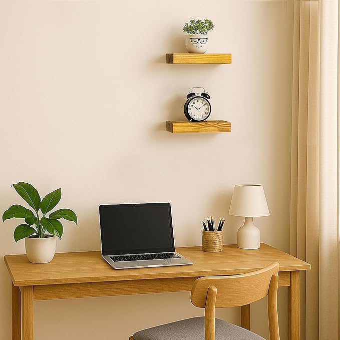 BGMG Small Wood Floating Shelves for Wall 8 inch Set of 2, Rustic Wooden Wall Mount Shelves for Living Room Bedroom Kitchen Farmhouse-8x6.7x1.25 inch- Gold Oak