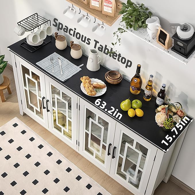 Large Sideboard Buffet Cabinet with Storage, 63" Farmhouse White Kitchen Coffee Wine Bar Cabinet with 4 Glass Doors, Wood Mid Century Modern Side Board Table for Dining Room, Living Room
