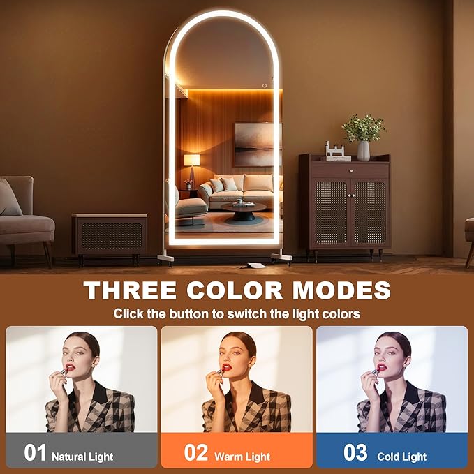 Hasipu 71" x 36" Arched LED Rolling Gym Mirror with Wheels, Dimmable Lighted Body Mirror with 3 Color Temperatures & Adjustable Brightness for Bedroom, Yoga Studio & Home Gym