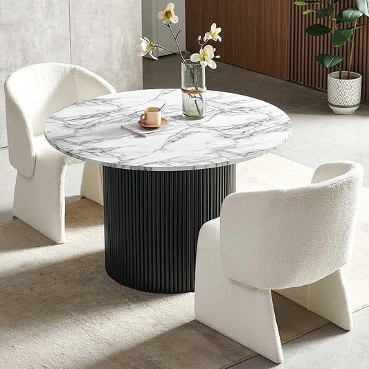 NORDICANA 3-Piece Round Dining Table Set for 2, Modern 47-Inch Kitchen Table and Chair Set, Dining Set with Off White Upholstered Armchairs, Manufactured Wood Top with White Marble Effect Finish