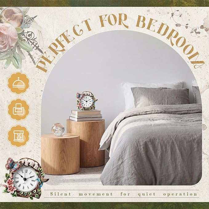 Kenning Vintage Mini Table Clock, 3.5 Inch Small Decorative Metal Non Ticking Analog Quartz Battery Operated Table Top Clock for Living Room Bedroom Bedside Desk Decor(Butterfly)