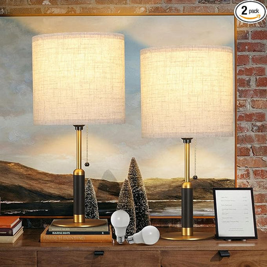 18.9" Set 2 Mid Century Bedside Table Lamp for Nightstand with Pull Chain, Lamp for Bedroom, Living Room, Solid Wood/Metal/Fabric Small Lamps for Home Office Room Decor (Light Brown+Brass)