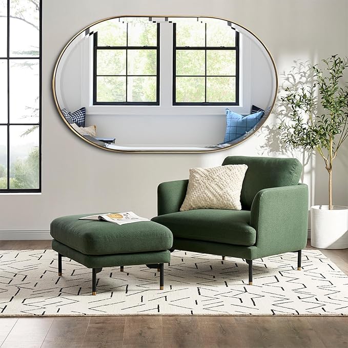 POZINO Gold Oval Mirror, Brass Beveled Mirror with Stainless Steel Frame, 28"x48" Large Rounded Rectangle Mirrors for Over Sink, Modern Oblong Vanity Wall Mirrors for Bathroom Bedroom Living Room