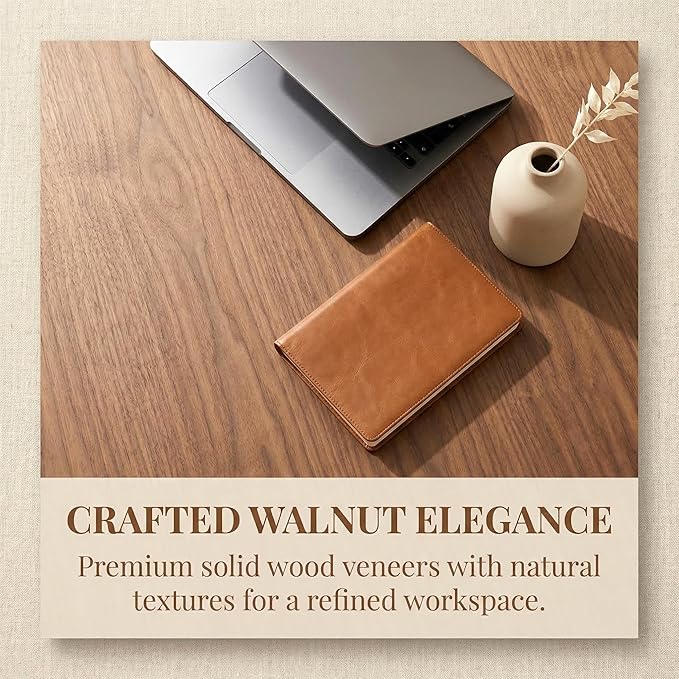ROCITY Walnut Wood Desk with Drawers Home Office Desk Mid Century Modern Writing Table for Bedroom Vanity Living Room Study Workstation