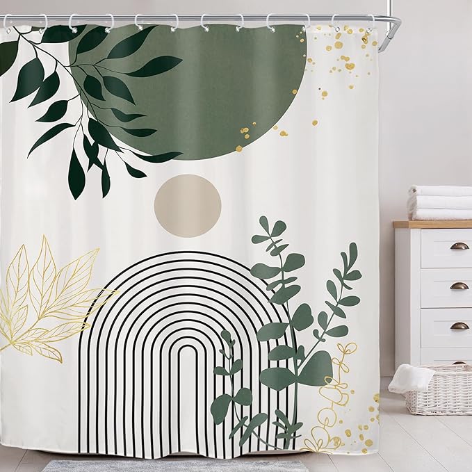 Riyidecor Extra Long Shower Curtain for Bathroom Decor 72Wx84H Sage Green Boho Mid Century Modern Abstract Gold Leaves Minimalist Geometric Art Printed Fabric Polyester Waterproof 12 Pack Plastic Hook