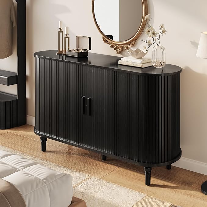 Sideboard Buffet Cabinet with Storage - Accent Kitchen Credenza Console Table with Sliding Door & Adjustable Shelf, Fluted Coffee Bar Sideboards for Living Room, Dining Room, Entryway, Black