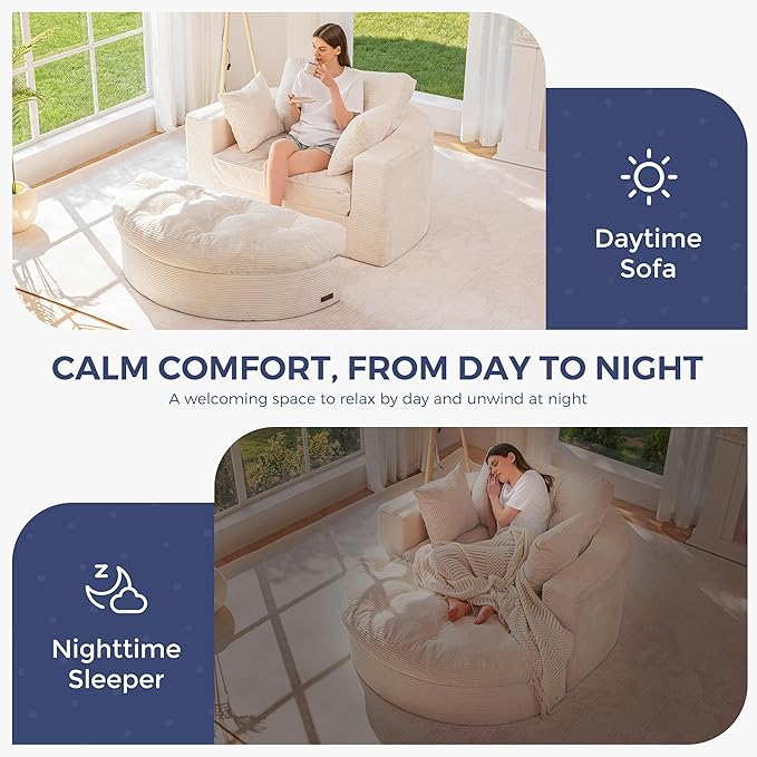 MAXYOYO Oversized Round Chaise Lounge Sofa, Upholstered Lounge Chair with 3 Pillows, Boneless Sofa Couch with Ottoman, Deep Seat Chair for Living Room, Bedroom, No Assembly, Beige