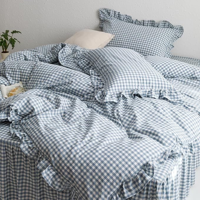 mixinni Blue White Gingham Ruffle Duvet Cover Queen Size 3 Pieces – 100% Washed Cotton, Vintage Plaid Ruffled Bedding Set with Zipper Ties, Soft Checkered Grid Farmhouse Chic Comforter Cover Set