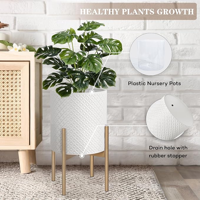 Oakrain Planters for Indoor Plants, Set of 2 Modern Planter with Stand, Decorative Metal Planter Pots for Living Room, Office, Garden, Balcony, 8"&10", Cream White