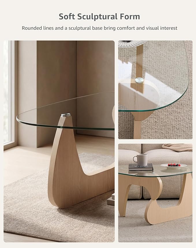 Glass Coffee Table for Living Room, 35.82" Small Triangle Coffee Table with Clear Glass Top and Sculptural MDF Wood Base, Mid Century Modern Center Table for Apartment, Sofa, Small Space