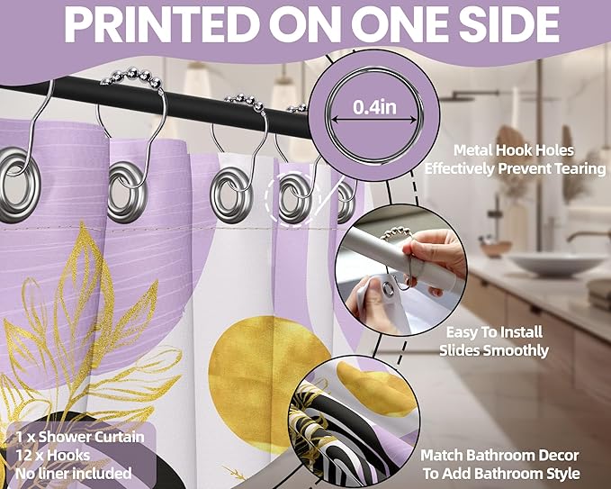 Mid Century Modern Black and Purple Shower Curtain Boho Lavender Light Purple and Gold Shower Curtains for Girls Bathroom Decor Sets, Waterproof Cloth Fabric with Hooks, 70x72in