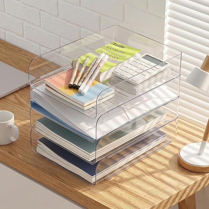 CiWiVOKi 4 Trays Paper Organizer Letter Tray, Acrylic Clear PET Desk File Organizer, Stackable Paper Holder Sorter for Desk Accessories, Files, Documents, iPad, Books, A4 Size, No Assembly Required