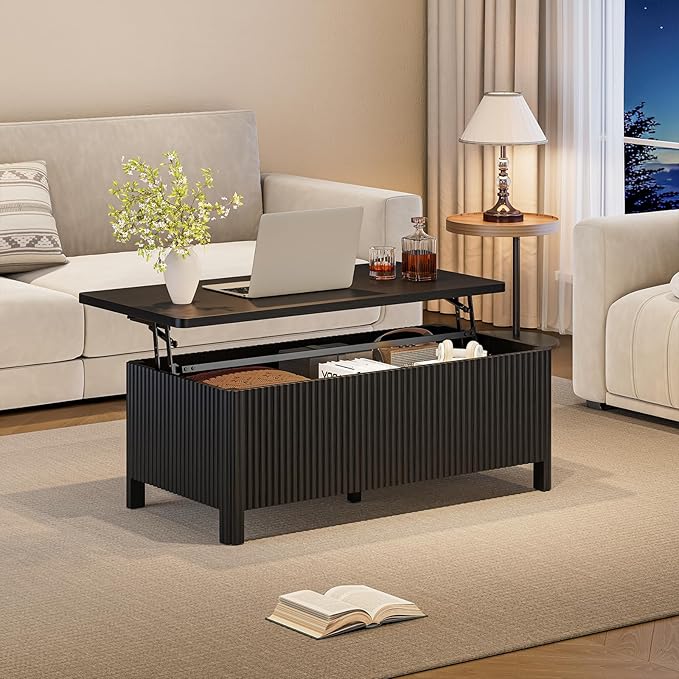 ONBRILL Fluted Lift Top Coffee Table with Storage, Mid Century Modern Coffee Table with Hidden Compartment, Rising Top Wood Center Table for Living Room, Home Office, Rounded Edges (Black)