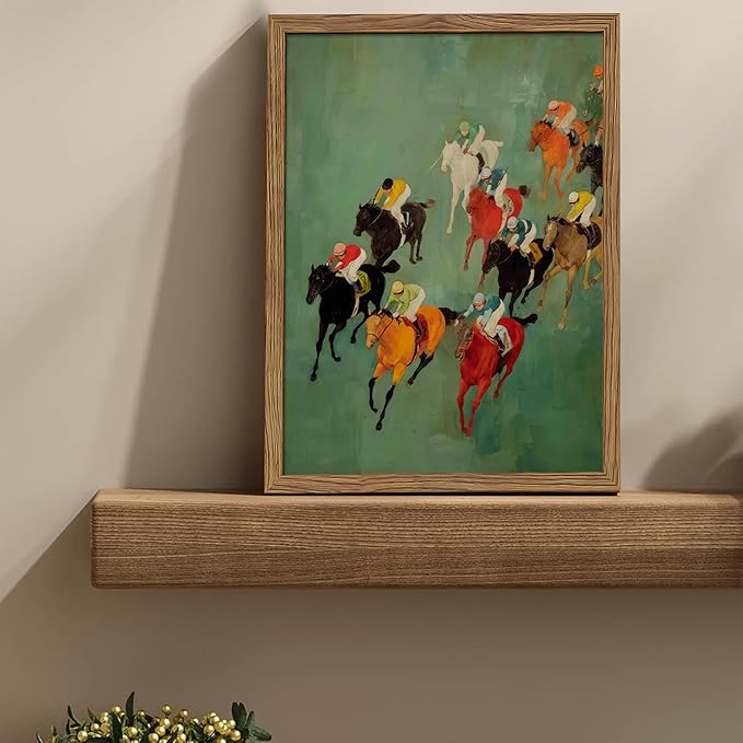Framed Vintage Abstract Wall Art, Retro Horse Racing Scene Poster Prints, Modern Classic Equestrian Canvas Artwork, Energetic Vibrant Sports Wall Decor for Living Room Office Game Room 12x16in