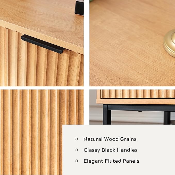 Fluted Storage Cabinet with 4 Doors, 55" Large Sideboard Buffet Cabinet with Adjustable Shelves Wooden Credenza Multifunctional Console Table for Dining Room Living Room, Natural Oak