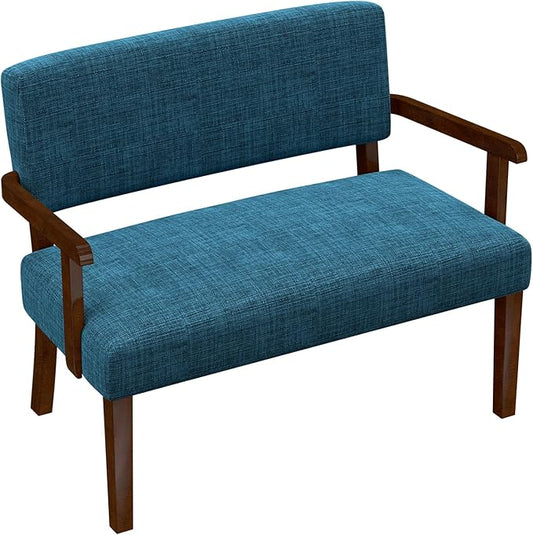 Accent Chair 2 Seat, Upholstered Reading Leisure Chair, Bench with Solid Wood Frame for Dining, Reading,Waiting Rooms (Blue)