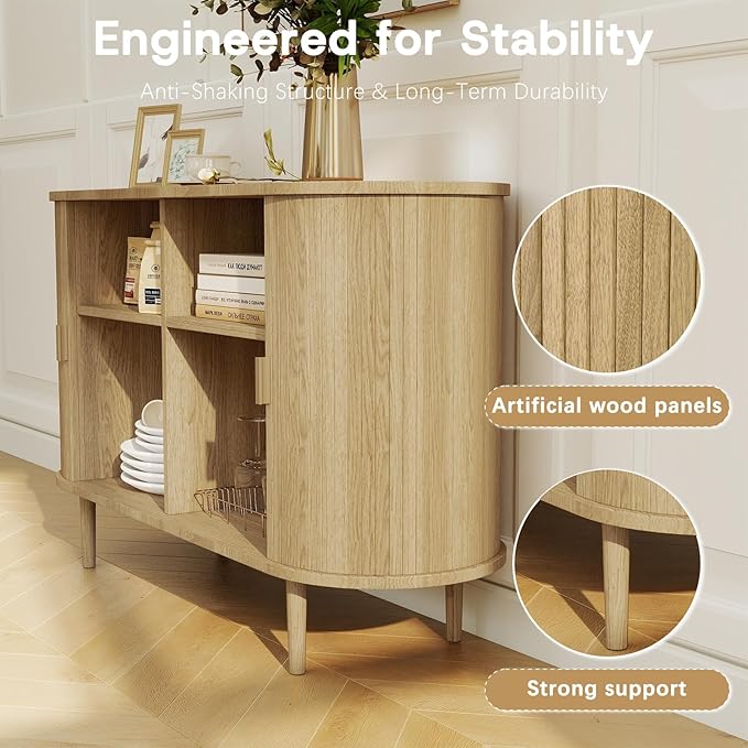 Fluted Sideboard Buffet Cabinet with Storage, 47" Mid-Century Modern Console Table with Sliding Doors, Wood Credenza for Dining Room, Coffee Bar Station, Light Oak