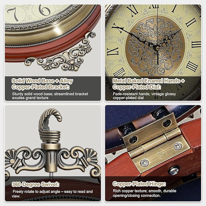 Large Vintage Double Sided Wall Clock with Glass & Copper Finish, Zinc Alloy & Solid Wood, Silent Battery Operated, Roman/Arabic Numerals for Living Room Office Decor (15.35x20.08 Inch)