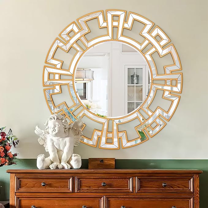 Chende Large Round Mirror, 40'' Modern Living Room Mirrorr with Beveled Glass Edge, Gold Decorative Wall Mirror with Wooden Frame for Dining Room, Entryway, Mantel, Bathroom