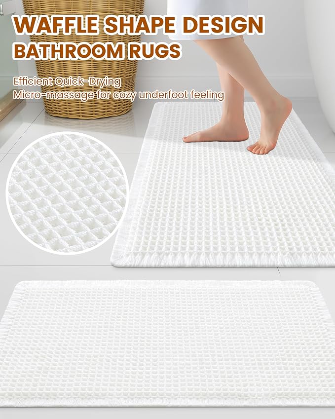 Smiry Waffle Bath Mat 36x24, Extra Soft Absorbent Bathroom Rugs, Non Slip Machine Washable Quick Dry Bath Rugs for Bathroom Floor, Tub, Shower, Home Decor Accessories, White