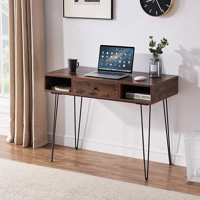 VECELO 39.3" Home Office Work Table with Drawers,Computer Desk with Hairpin Leg for Writing/Study,Retro Brown
