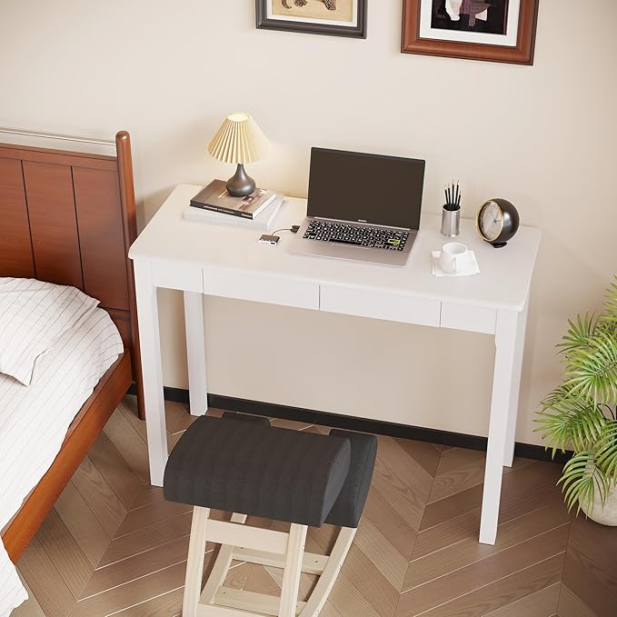 Solid Wooden Desk with Drawers - 39 x 16 Inch Modern Narrow Desks, Rubberwood Simple Study Table, Small Writing Desk for Bedroom|Small Spaces - White Desks