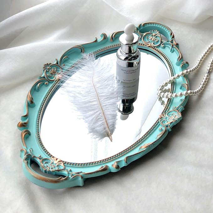 Oval Vintage Decorative Mirror Tray, Jewelry Dresser Organizer Tray, Cosmetics Makeup Storage Organizer, Serving Tray (9.8”x 14.6”) Blue