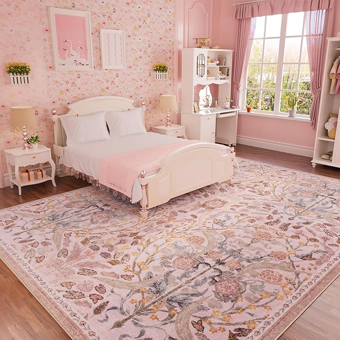 AMTOVO 9x12 Washable Area Rugs for Living Room, Non-Slip&Non-Shedding Floral Large Soft Boho Vintage Print Carpet for Bedroom Girls Room Dorm Dining Room Farmhouse Nursery Home Office, Pink