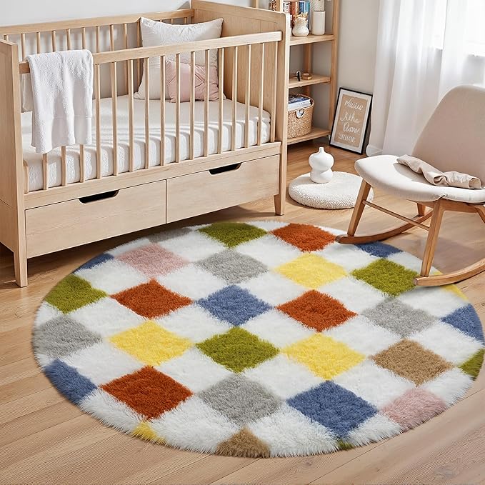 Checkered Rug 4x4 for Living Room, Colorful Modern Shag Super Soft Washable Fluffy Rugs Indoor Fuzzy Carpet for Bedroom Home Dorm Aesthetic Decor