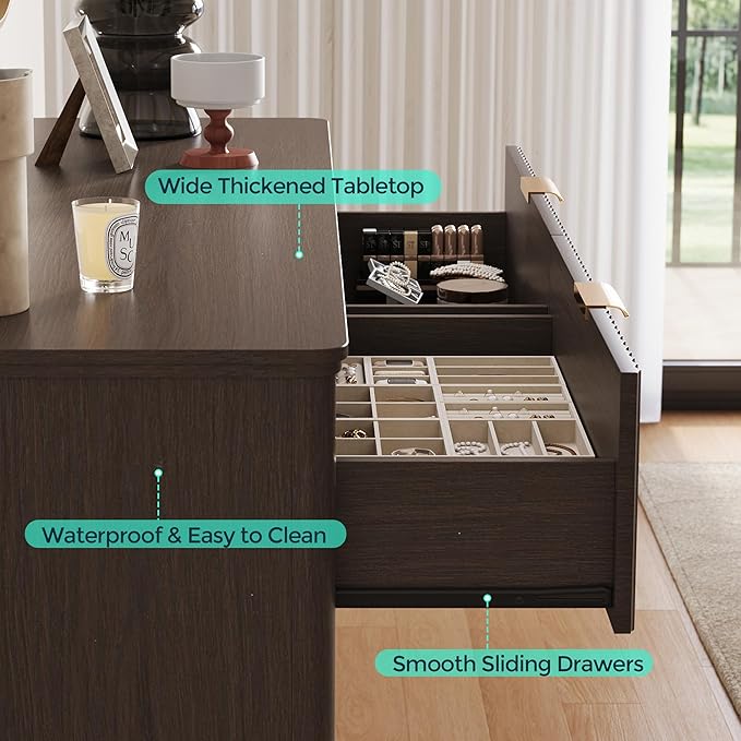 LINSY HOME Fluted 6 Drawer Double Dresser, 54" Wide Modern Chest of Drawers, Curved Profile Design, Mid Century Wood Dresser with Metal Handle for Bedroom, Living Room, Hallway, Entryway, Walnut