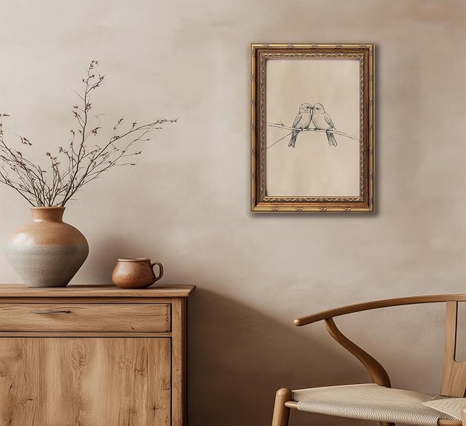 Vintage Gold Framed Bird Canvas Wall Art Two Birds Sketch Wall Decor Vintage Farmhouse Sketch Animals Artwork Retro Birds Painting Retro Rustic Print for Farmhouse Bedroom Living Room 12X16in