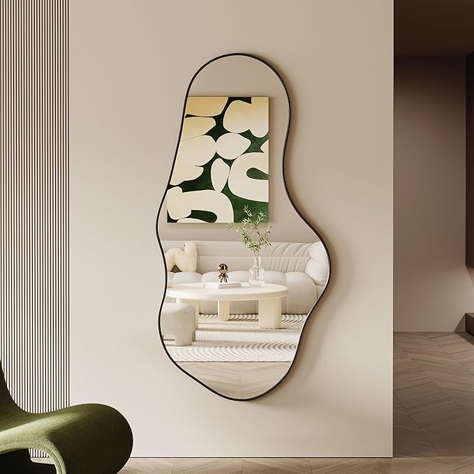 Asymmetrical Wall Mirrors -28''×55'' Irregular Decorative Aluminum Alloy Framed Mirror Artistic Cloud Mirrors Wavy Mirror for Bathroom, Bedroom, Living Room, Cloakroom（Black）