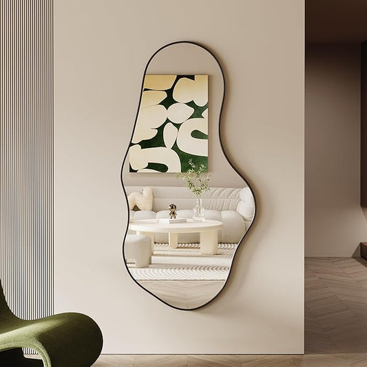 Asymmetrical Wall Mirrors -28''×55'' Irregular Decorative Aluminum Alloy Framed Mirror Artistic Cloud Mirrors Wavy Mirror for Bathroom, Bedroom, Living Room, Cloakroom（Black）
